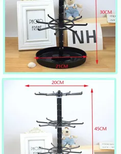 Black rotating display stand detail view, multi-tier keychain rack with dimensions.