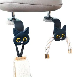 Cute cartoon black cat car seat back hooks, universal vehicle headrest storage hangers set.