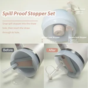 Silicone spill proof stopper set for tumbler cups, leak-proof straw cover accessories.