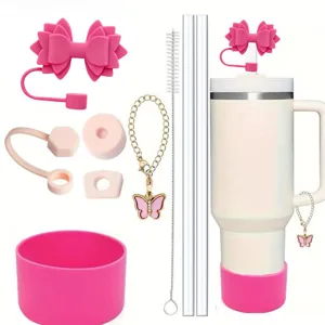 Stanley silicone tumbler accessory set 9pcs pink bow straw cover cup boot and butterfly chain