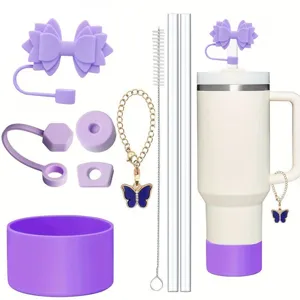 9-piece silicone tumbler accessories set with bow straw cover and chain for 40oz cup