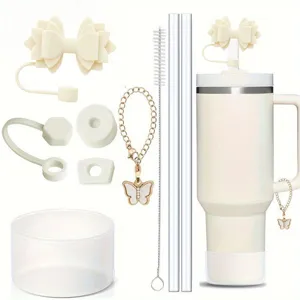 Tumbler straw cover set with bow charm silicone spill proof stoppers and brush 9pcs