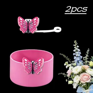 Set di protezione in silicone per tazza e cannuccia con farfalla rosa per bicchieri.