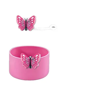 Set di copribase in silicone rosa e copertura per cannuccia a farfalla per tazza da 7.5cm.