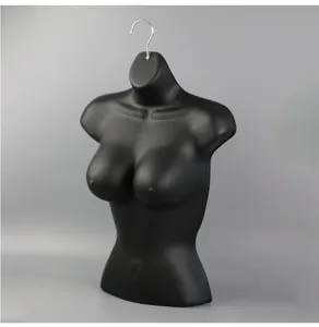 Black plastic hanging mannequin torso display stand for bras, lingerie and swimwear.