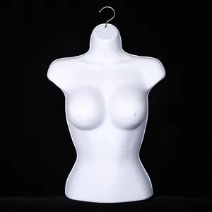 Hanging female mannequin torso display prop for bra swimsuit pajamas retail store details.