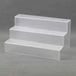 Detailed view of a clear acrylic 3-tier display shelf, perfect for showcasing figures and cosmetics.