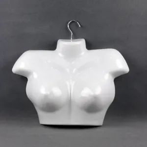 White plastic female mannequin torso bra display hanger for underwear and clothing store showcase.
