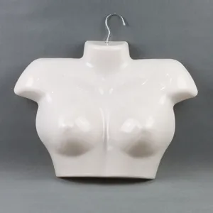 White glossy female mannequin bust hanger for lingerie and bra display with metal hook.