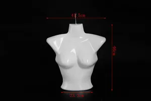 White plastic female mannequin torso display hanger for bra and underwear retail showcasing.