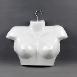 Detailed view of white female mannequin bust clothing hanger for underwear and bra display.