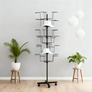 Floor standing metal rotating hat display rack multi tier hat organizer stand for store