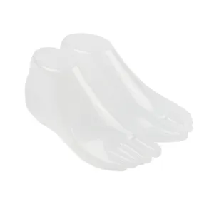 Transparent plastic foot mannequin shoe display props for sandals and socks retail.