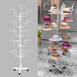 Rotating hat display stand metal floor standing retail hat rack with wheels for boutique store supermarket