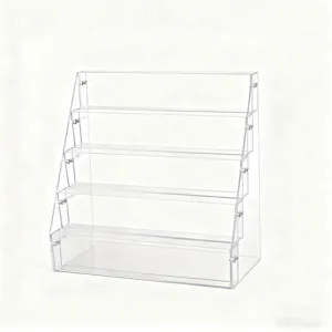 Clear acrylic 5-tier display stand for anime badges, figures, and desktop storage.