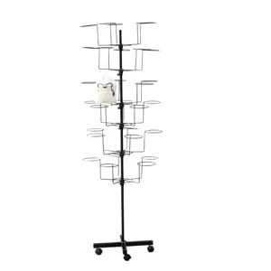 Multi-tier rotating metal hat display stand with wheels for retail store cap organization
