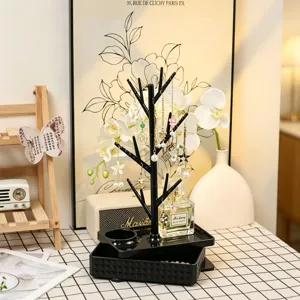 Árbol joyero soporte organizador para pendientes y collares expositor de escritorio negro.