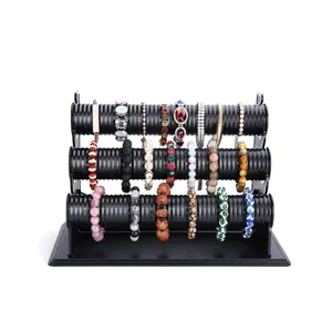 Black 3-tier bracelet display stand holder with colorful beaded bracelets for retail counter showcase