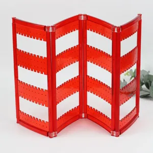 Red acrylic folding earring holder display stand for jewelry storage organizer details.