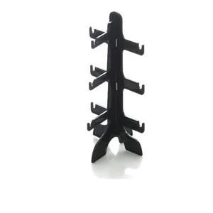 Detail view of the black plastic multi-tier glasses display stand, ideal for counters.