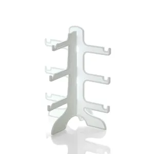 White plastic glasses display stand, multi-layer sunglass holder for countertop store use.