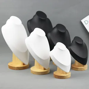 PU Leather Necklace Display Stand Mannequin Neck Bust Jewelry Holder with Solid Wood Base for Retail Showcase Store