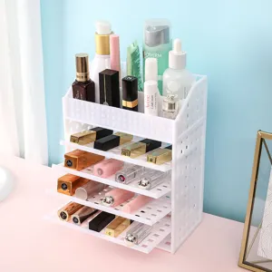 Plastic desktop cosmetic organizer with multi-layer drawers and compartments for makeup storage.