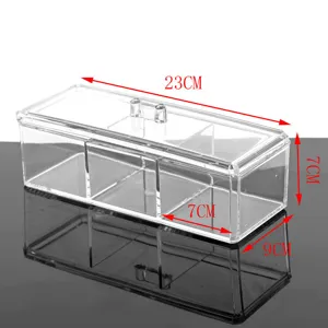 Clear acrylic organizer box with lid, multi-compartment cosmetic and jewelry storage case.