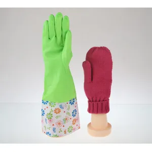 Household long cleaning gloves and knit mittens set with display hand stand for use.