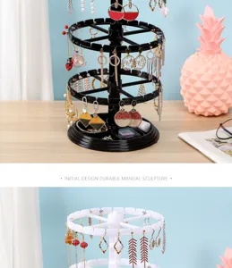 Rotating earring holder stand multi-tier jewelry display rack for necklaces bracelets and accessories.
