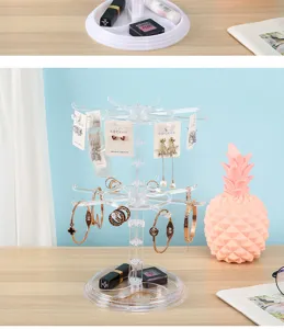 Transparent rotating jewelry display stand, clear earring and bracelet organizer rack for women