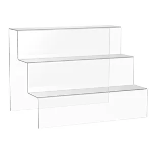 Clear 3-tier acrylic display riser shelf for action figures cosmetics and wallets.