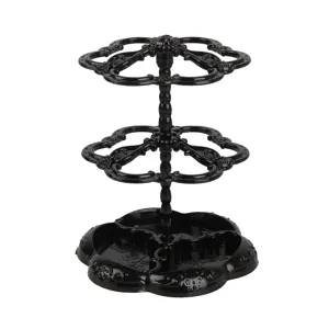 Espositore per gioielli nero a 2 livelli in plastica per orecchini e anelli fini.