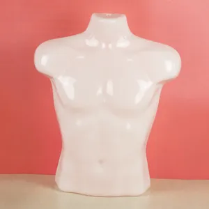 Detailed view of male upper body mannequin chest form with dimension specs for clothing display.