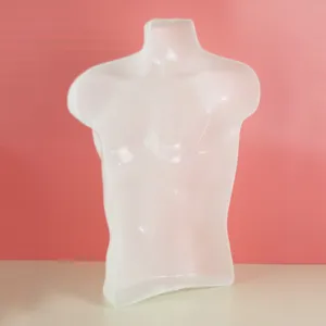 Clear plastic male half body torso mannequin chest piece for clothing and vest display use.