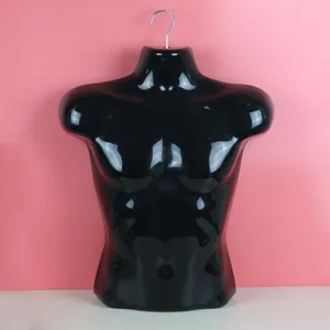 Black male half-body mannequin torso display hanger for clothing vest shop showcase detail.