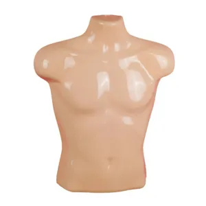 Glossy flesh-toned plastic male mannequin torso display stand for clothing apparel shop.