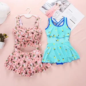 Cute children swimwear set floral and stripe kids swimsuit lovely summer beach wear for girls.