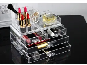 Clear acrylic makeup organizer with 3 drawers lipstick holder cosmetic storage box for desktop