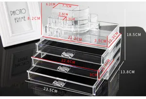 Clear acrylic cosmetic organizer with multiple drawers and lipstick holder for desktop storage.