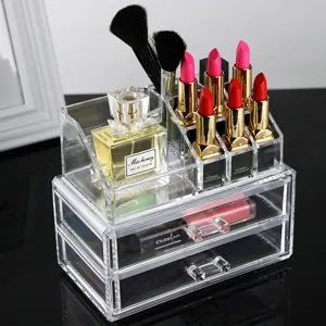 Clear acrylic makeup organizer with drawers and lipstick holders for desktop cosmetic storage.