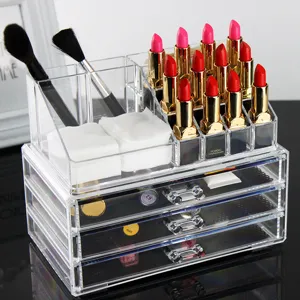 Clear Acrylic Cosmetic Storage Box Desktop Makeup Organizer With Drawers And Lipstick Holder
