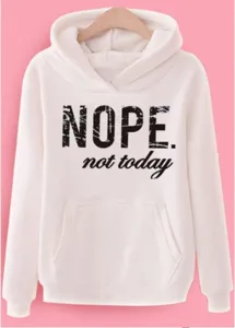 Detailed view of white fleece hoodie with front pocket and bold chest letter print design.