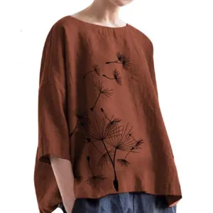 Women Casual Cotton T Shirt Loose Fit Short Sleeve Crew Neck Dandelion Print Tops Female Apparel