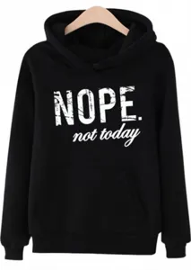 Close-up detail of the black casual hoodie featuring white front slogan graphic print.