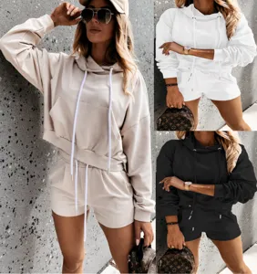 Casual Two-Piece Hoodie and Shorts Set for Women Long Sleeve Crop Top Activewear Detail
