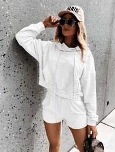 Detail shot of the casual white hooded sweatshirt and matching shorts set, comfortable.