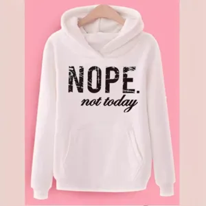Casual white letter print long sleeve hooded sweatshirt for women, cozy fleece pullover top.