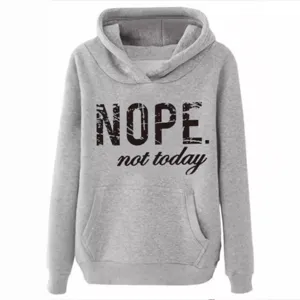 Women grey fleece-lined hooded sweatshirt with cool letter print, casual loose top.