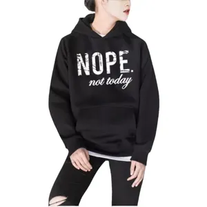 Casual black hooded sweatshirt for women with white letter print, loose fit and cozy fabric.